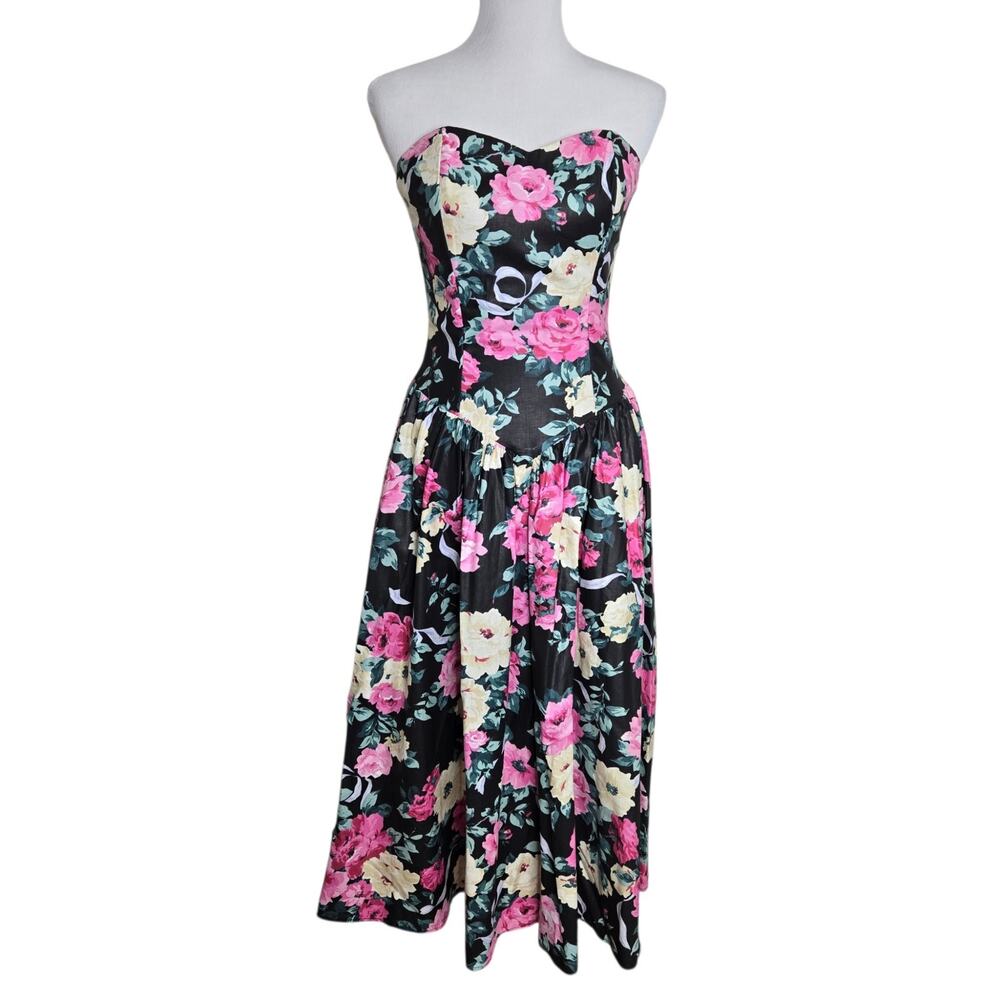 Vintage Floral Print Strapless Dress 80s Black Pink Cream Roses Fits S/XS ILGWU